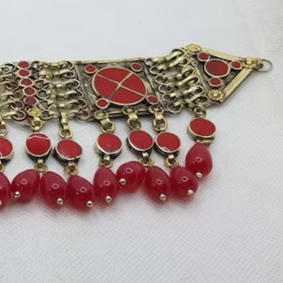 Afghan Choker Necklace With Dangling Beads, Afghan Kuchi Glass Stones Necklace, - Picture 4 of 4